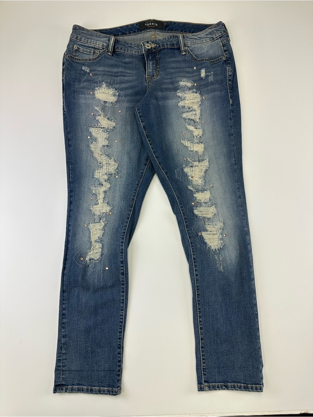 Torrid Distressed Crystal Jeans Size 12 Glam Stretch Denim Grunge Edgy
